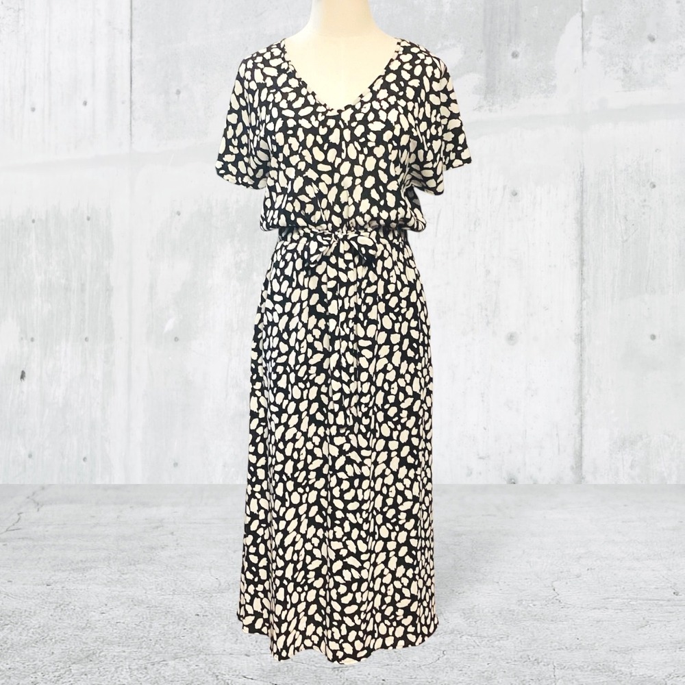 Sienna Sky V-Neck Dalmatian Print Midi Dress Tie Waist Black/White Medium